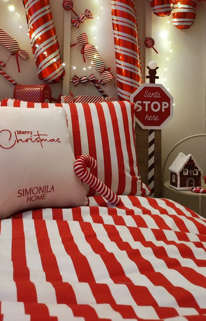 Bawełniana pościel w czerwono-białe pasy laski cukrowe