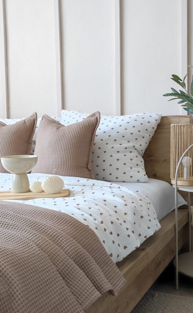 pościel muślinowa w brązowe serduszka
