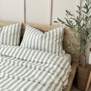 pościel bawełniana w paski szałwiowa zieleń komplet